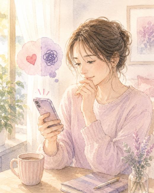 会った翌日に届く連絡を見ながら期待と不安の間で考える女性