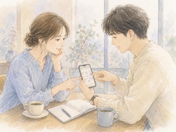 カレンダーを見ながら二人で会う日を相談する男女