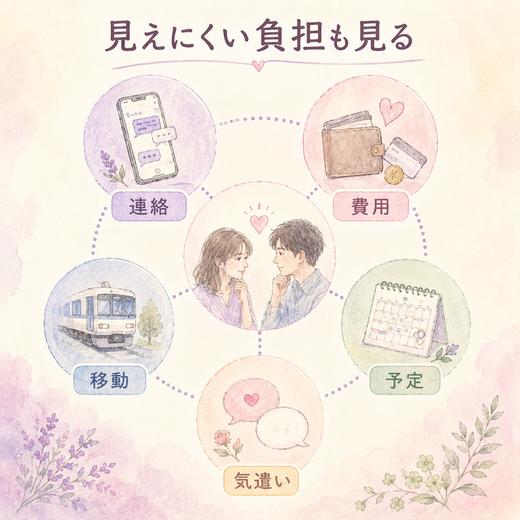 恋愛関係で偏りやすい連絡・費用・移動・予定・気遣いを整理した図解