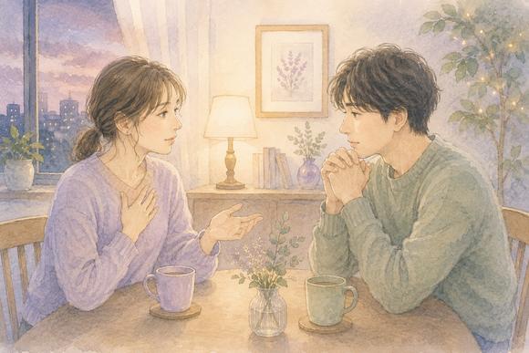すれ違いのあと向き合って落ち着いて話すカップル