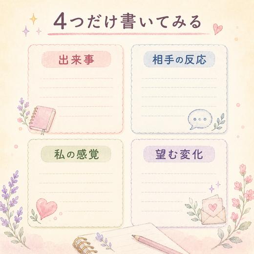 関係を振り返るための出来事・反応・感覚・望む変化の4項目メモ