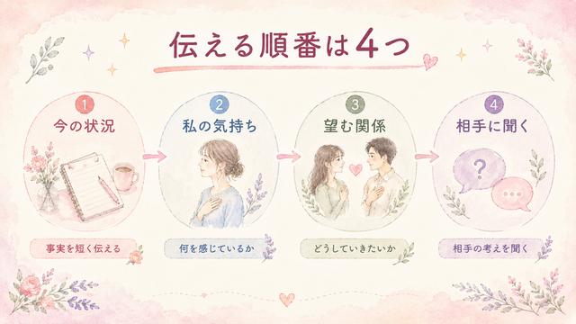 関係を確認する会話の現状・気持ち・希望・質問の4段階を示す図解