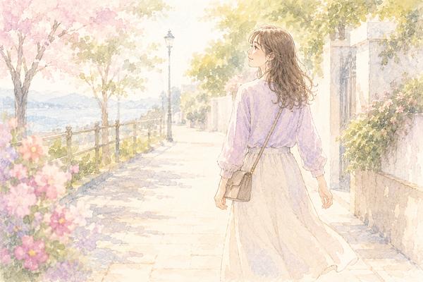 明るい道を自分のペースで歩き出す大人の女性