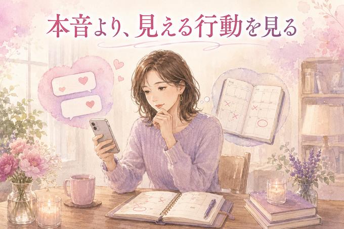 スマホの甘いメッセージと手帳の予定を見比べる女性のイラスト