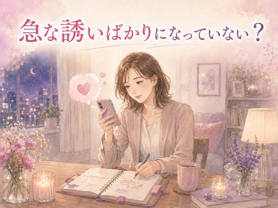 夜に急な誘いの通知を見ながら手帳の予定を変更する女性のイラスト
