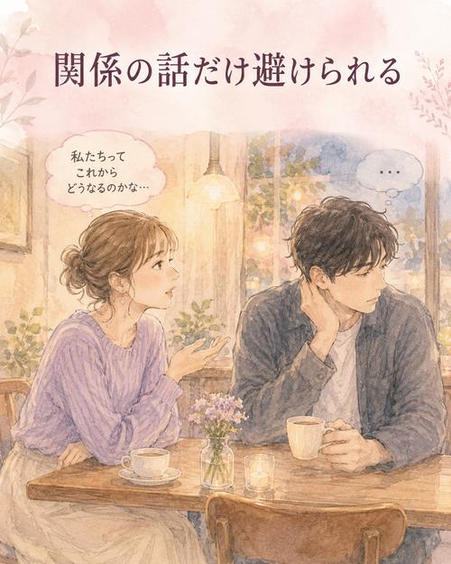 カフェで関係について話したい女性と視線をそらす相手のイラスト