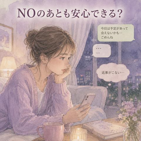 会えないと伝えた後に返信が途絶え不安になる女性のイラスト