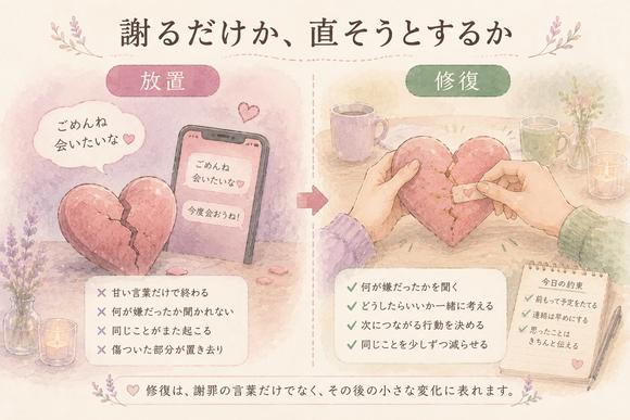 傷ついた関係を放置する状態と修復する状態を比較したイラスト