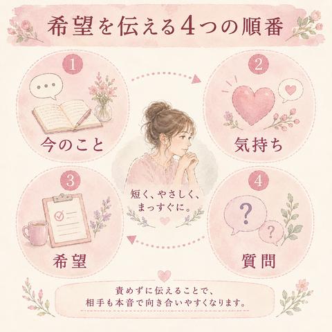 関係を確認するときの今のこと、気持ち、希望、質問の4ステップ図解
