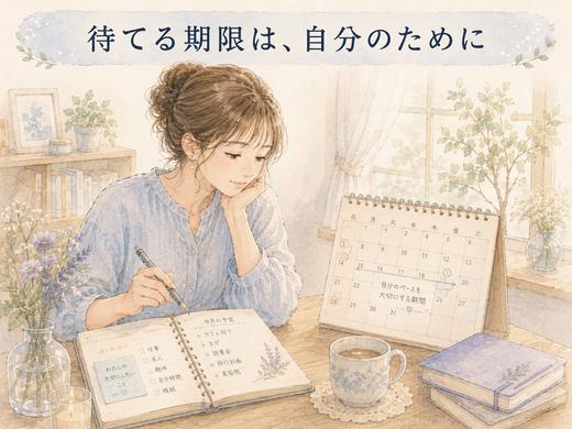 カレンダーを見ながら自分が待てる期間を静かに考える女性のイラスト