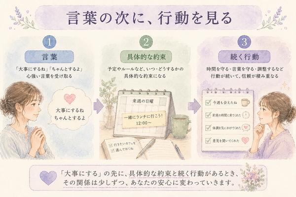 言葉から具体的な約束、続く行動へ進む流れを示した図解