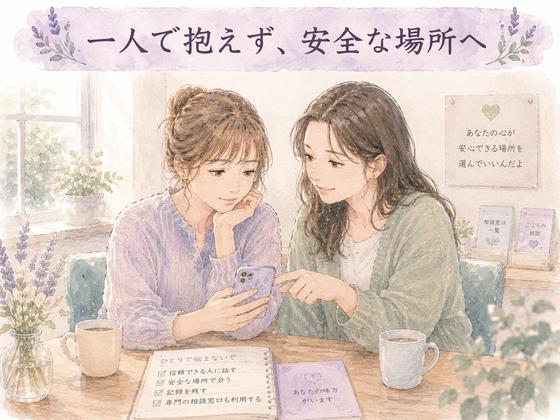 信頼できる友人と安全な場所でスマホを見ながら相談する女性のイラスト