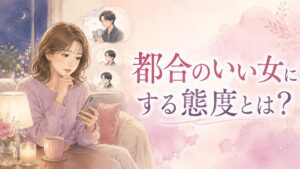 夜にスマホを見ながら好きな相手との曖昧な関係について考える女性のイラスト