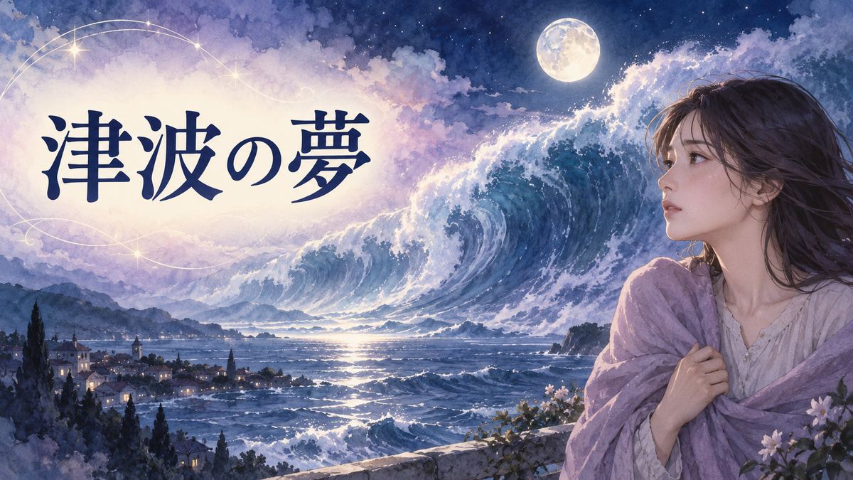 夜の海から迫る大きな波を夢の中で見つめる大人の女性
