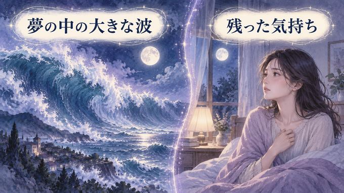 大きな波の夢と、目覚めたあと自分の気持ちを振り返る女性を分けて描いた図