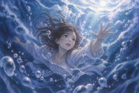 青い大きな水の流れの中に包まれる人物の夢