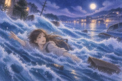 大きな水の流れに乗って遠くへ運ばれる人物