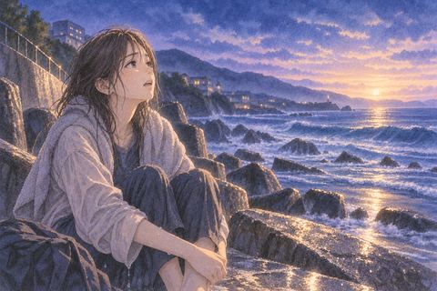 水辺から安全な場所へ上がり安堵する人物