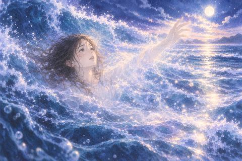 津波の夢の中で人物の姿が淡い光へ溶けるように消えていく場面