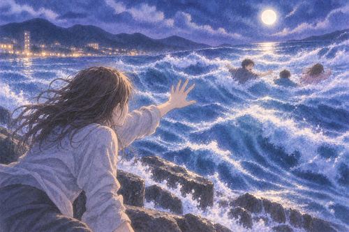 離れていく家族へ手を伸ばす人物と大きな水の流れ