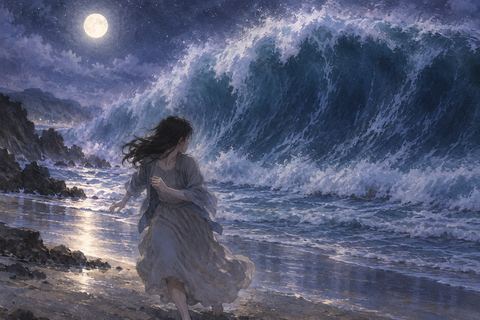 夜の海から大きな津波が人物のいる岸へ迫ってくる夢の場面