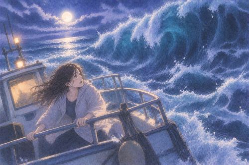 夜の海で波に揺られる小さな船と乗っている人物