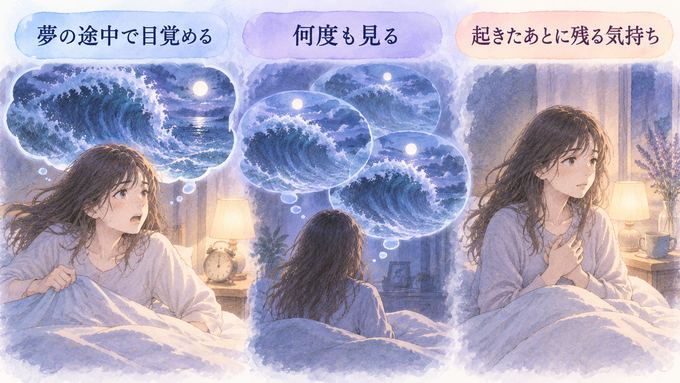 津波の夢から目覚めた女性と繰り返す夢の場面を分けて描いた図