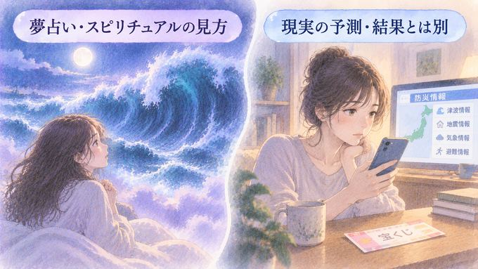 津波の夢のイメージと現実の防災情報や宝くじの結果を分けて示す図