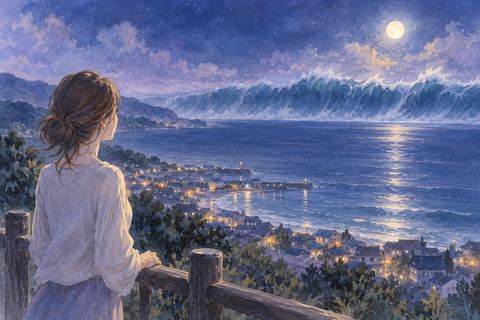 高い場所から遠くの海に立つ津波を見つめる人物