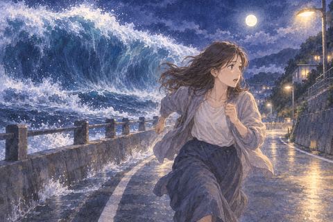 夜道を走って津波から逃げる人物