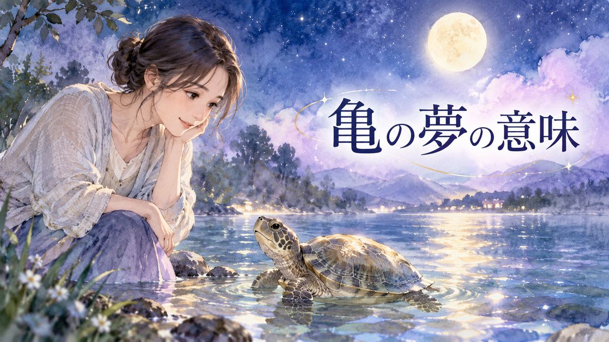 月明かりの水辺で亀を見つめる大人の女性