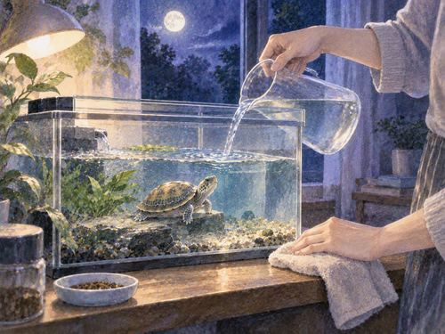 夜の部屋で飼育ケースの亀を見守る手元