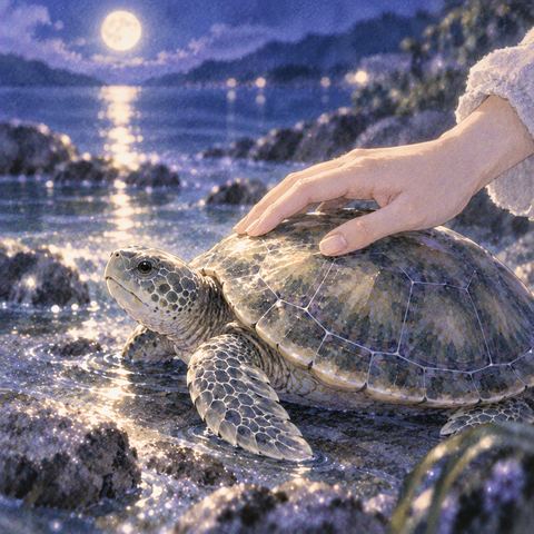 夜の光の中で亀の甲羅へそっと触れる手