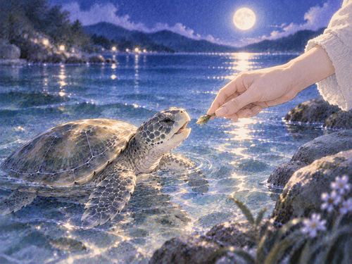 夜の水辺で差し出された餌を食べる亀