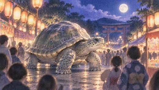 夜祭りの灯りの中に現れた大きな亀