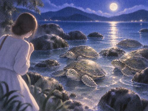 夜の水辺に集まる亀を少し離れて見つめる人物