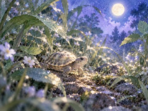 夜の草むらを歩く小さな亀