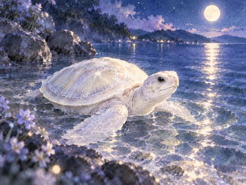 青い夜の水辺にいる白い亀