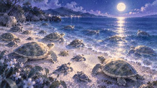 夜の岸辺に集まるたくさんの亀