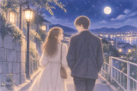 夜道を並んで歩く女性と男性
