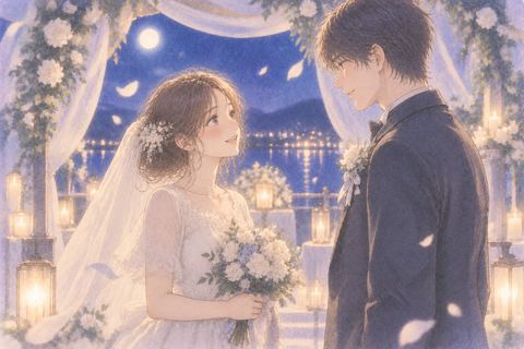 夢の結婚式で向き合う女性と男性