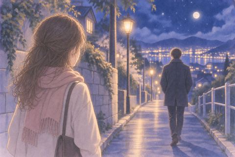 遠ざかる男性を見送る女性