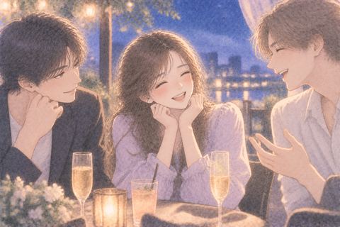二人との時間を楽しみ嬉しそうな女性