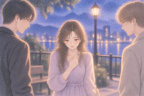 二人の相手を前に罪悪感を抱く女性