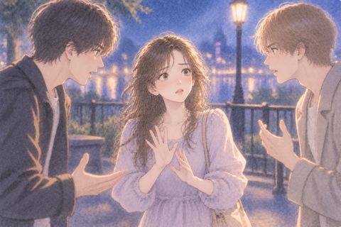 二人の相手との言い争いに戸惑う女性