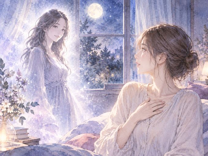 月明かりの中で見知らぬ女性と向き合い自分の胸元に手を添える女性
