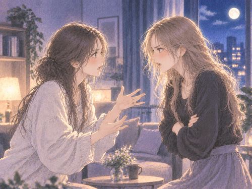 夜の室内で向かい合って言い争う二人の女性