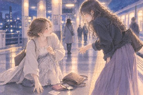 夜の駅で見知らぬ女性との行き違いに困る女性