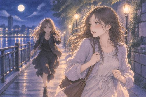 夜道で見知らぬ女性に追われ振り返りながら走る女性