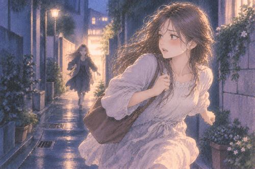 見知らぬ女性から離れるため夜の路地を走る女性